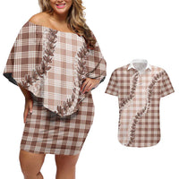 Beige Hawaii Palaka Couples Matching Off Shoulder Short Dress and Hawaiian Shirt Hawaiian Pikake Lei LT05 Beige - Polynesian Pride
