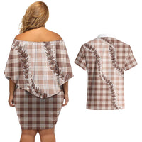 Beige Hawaii Palaka Couples Matching Off Shoulder Short Dress and Hawaiian Shirt Hawaiian Pikake Lei LT05 - Polynesian Pride