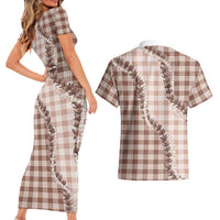 Beige Hawaii Palaka Couples Matching Short Sleeve Bodycon Dress and Hawaiian Shirt Hawaiian Pikake Lei LT05 - Polynesian Pride