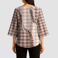 Beige Hawaii Palaka Kimono Sleeve Blouse Hawaiian Pikake Lei