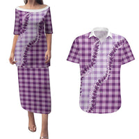 Violet Hawaii Palaka Couples Matching Puletasi and Hawaiian Shirt Hawaiian Pikake Lei