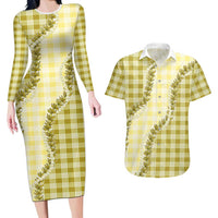 Yellow Hawaii Palaka Couples Matching Long Sleeve Bodycon Dress and Hawaiian Shirt Hawaiian Pikake Lei LT05 Yellow - Polynesian Pride