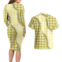 Yellow Hawaii Palaka Couples Matching Long Sleeve Bodycon Dress and Hawaiian Shirt Hawaiian Pikake Lei LT05 - Polynesian Pride