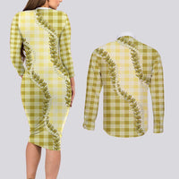 Yellow Hawaii Palaka Couples Matching Long Sleeve Bodycon Dress and Long Sleeve Button Shirt Hawaiian Pikake Lei LT05 - Polynesian Pride