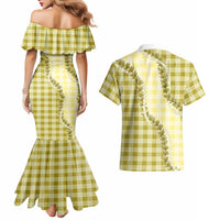 Yellow Hawaii Palaka Couples Matching Mermaid Dress and Hawaiian Shirt Hawaiian Pikake Lei LT05 - Polynesian Pride