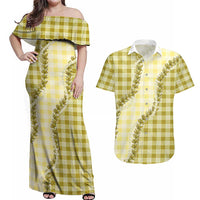 Yellow Hawaii Palaka Couples Matching Off Shoulder Maxi Dress and Hawaiian Shirt Hawaiian Pikake Lei LT05 Yellow - Polynesian Pride