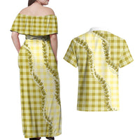 Yellow Hawaii Palaka Couples Matching Off Shoulder Maxi Dress and Hawaiian Shirt Hawaiian Pikake Lei LT05 - Polynesian Pride