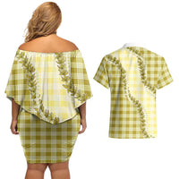 Yellow Hawaii Palaka Couples Matching Off Shoulder Short Dress and Hawaiian Shirt Hawaiian Pikake Lei LT05 - Polynesian Pride