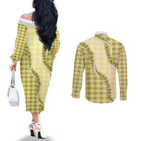 Yellow Hawaii Palaka Couples Matching Off The Shoulder Long Sleeve Dress and Long Sleeve Button Shirt Hawaiian Pikake Lei LT05 - Polynesian Pride