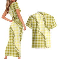 Yellow Hawaii Palaka Couples Matching Short Sleeve Bodycon Dress and Hawaiian Shirt Hawaiian Pikake Lei LT05 - Polynesian Pride
