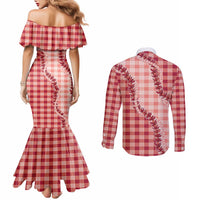 Red Hawaii Palaka Couples Matching Mermaid Dress and Long Sleeve Button Shirt Hawaiian Pikake Lei