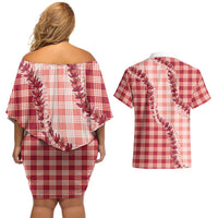 Red Hawaii Palaka Couples Matching Off Shoulder Short Dress and Hawaiian Shirt Hawaiian Pikake Lei LT05 - Polynesian Pride