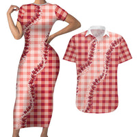 Red Hawaii Palaka Couples Matching Short Sleeve Bodycon Dress and Hawaiian Shirt Hawaiian Pikake Lei LT05 Red - Polynesian Pride