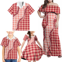 Red Hawaii Palaka Family Matching Off Shoulder Maxi Dress and Hawaiian Shirt Hawaiian Pikake Lei LT05 - Polynesian Pride