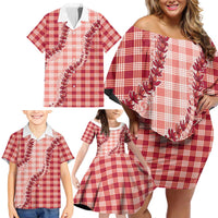 Red Hawaii Palaka Family Matching Off Shoulder Short Dress and Hawaiian Shirt Hawaiian Pikake Lei LT05 - Polynesian Pride