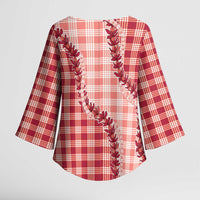 Red Hawaii Palaka Kimono Sleeve Blouse Hawaiian Pikake Lei