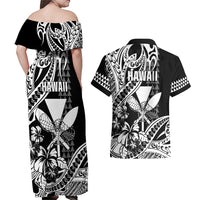 Hawaii Maui Upena Kiloi Couples Matching Off Shoulder Maxi Dress and Hawaiian Shirt Kakau Tribal Pattern Black Version LT05 - Polynesian Pride