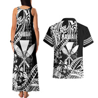 Hawaii Maui Upena Kiloi Couples Matching Tank Maxi Dress and Hawaiian Shirt Kakau Tribal Pattern Black Version