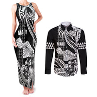 Hawaii Maui Upena Kiloi Couples Matching Tank Maxi Dress and Long Sleeve Button Shirt Kakau Tribal Pattern Black Version