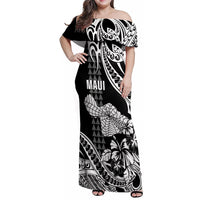 Hawaii Maui Upena Kiloi Family Matching Off Shoulder Maxi Dress and Hawaiian Shirt Kakau Tribal Pattern Black Version LT05 Mom's Dress Black - Polynesian Pride