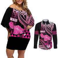 Hawaii Maui Upena Kiloi Couples Matching Off Shoulder Short Dress and Long Sleeve Button Shirt Kakau Tribal Pattern Pink Version