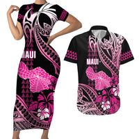 Hawaii Maui Upena Kiloi Couples Matching Short Sleeve Bodycon Dress and Hawaiian Shirt Kakau Tribal Pattern Pink Version LT05 Pink - Polynesian Pride