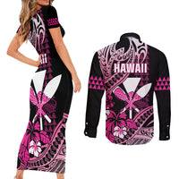 Hawaii Maui Upena Kiloi Couples Matching Short Sleeve Bodycon Dress and Long Sleeve Button Shirt Kakau Tribal Pattern Pink Version