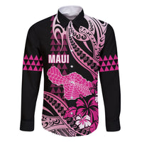 Hawaii Maui Upena Kiloi Family Matching Off Shoulder Maxi Dress and Hawaiian Shirt Kakau Tribal Pattern Pink Version LT05 Dad's Shirt - Long Sleeve Pink - Polynesian Pride