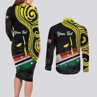 Personalised Vanuatu Penama Day Couples Matching Long Sleeve Bodycon Dress and Long Sleeve Button Shirt Grunge Flag Style LT05 - Polynesian Pride