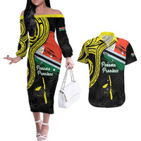 Personalised Vanuatu Penama Day Couples Matching Off The Shoulder Long Sleeve Dress and Hawaiian Shirt Grunge Flag Style LT05 Black - Polynesian Pride