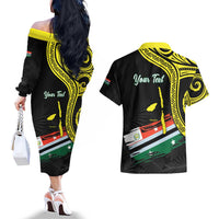 Personalised Vanuatu Penama Day Couples Matching Off The Shoulder Long Sleeve Dress and Hawaiian Shirt Grunge Flag Style LT05 - Polynesian Pride