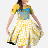 Personalised Vanuatu Sanma Day Family Matching Off The Shoulder Long Sleeve Dress and Hawaiian Shirt Special Style LT05 Daughter's Dress Yellow - Polynesian Pride