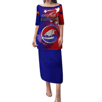 Personalized Papua New Guinea Central Province Puletasi Mix Coat Of Arms Polynesian Pattern LT05 Long Dress Blue - Polynesian Pride