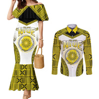 Personalised Niue The Rock Of Polynesia Couples Matching Mermaid Dress and Long Sleeve Button Shirt Peniamina Gospel Day Yellow Version LT05 Yellow - Polynesian Pride
