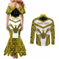 Personalised Niue The Rock Of Polynesia Couples Matching Mermaid Dress and Long Sleeve Button Shirt Peniamina Gospel Day Yellow Version LT05 - Polynesian Pride