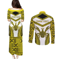 Personalised Niue The Rock Of Polynesia Couples Matching Puletasi and Long Sleeve Button Shirt Peniamina Gospel Day Yellow Version LT05 - Polynesian Pride