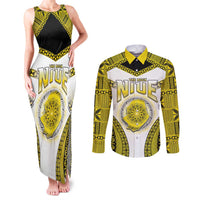 Personalised Niue The Rock Of Polynesia Couples Matching Tank Maxi Dress and Long Sleeve Button Shirt Peniamina Gospel Day Yellow Version LT05 Yellow - Polynesian Pride