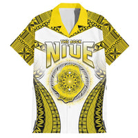 Personalised Niue The Rock Of Polynesia Family Matching Off Shoulder Maxi Dress and Hawaiian Shirt Peniamina Gospel Day Yellow Version LT05 Dad's Shirt - Short Sleeve Yellow - Polynesian Pride