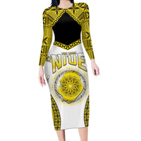 Personalised Niue The Rock Of Polynesia Long Sleeve Bodycon Dress Peniamina Gospel Day Yellow Version LT05 Long Dress Yellow - Polynesian Pride