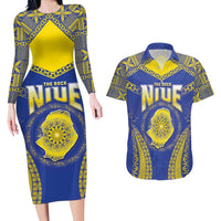 Personalised Niue The Rock Of Polynesia Couples Matching Long Sleeve Bodycon Dress and Hawaiian Shirt Peniamina Gospel Day Blue Version LT05 Blue - Polynesian Pride