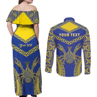 Personalised Niue The Rock Of Polynesia Couples Matching Off Shoulder Maxi Dress and Long Sleeve Button Shirt Peniamina Gospel Day Blue Version LT05 - Polynesian Pride