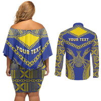 Personalised Niue The Rock Of Polynesia Couples Matching Off Shoulder Short Dress and Long Sleeve Button Shirt Peniamina Gospel Day Blue Version LT05 - Polynesian Pride