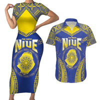 Personalised Niue The Rock Of Polynesia Couples Matching Short Sleeve Bodycon Dress and Hawaiian Shirt Peniamina Gospel Day Blue Version LT05 Blue - Polynesian Pride