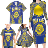 Personalised Niue The Rock Of Polynesia Family Matching Long Sleeve Bodycon Dress and Hawaiian Shirt Peniamina Gospel Day Blue Version LT05 - Polynesian Pride