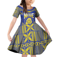 Personalised Niue The Rock Of Polynesia Family Matching Off Shoulder Short Dress and Hawaiian Shirt Peniamina Gospel Day Blue Version LT05 Daughter's Dress Blue - Polynesian Pride
