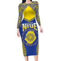 Personalised Niue The Rock Of Polynesia Long Sleeve Bodycon Dress Peniamina Gospel Day Blue Version LT05 Long Dress Blue - Polynesian Pride