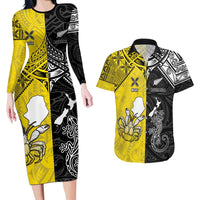 Custom New Zealand Maori And Niue Hiapo Couples Matching Long Sleeve Bodycon Dress and Hawaiian Shirt Lizard And Coconut Crab Together LT05 Yellow - Polynesian Pride