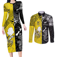 Custom New Zealand Maori And Niue Hiapo Couples Matching Long Sleeve Bodycon Dress and Long Sleeve Button Shirt Lizard And Coconut Crab Together LT05 Yellow - Polynesian Pride