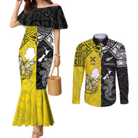 Custom New Zealand Maori And Niue Hiapo Couples Matching Mermaid Dress and Long Sleeve Button Shirt Lizard And Coconut Crab Together LT05 Yellow - Polynesian Pride