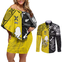 Custom New Zealand Maori And Niue Hiapo Couples Matching Off Shoulder Short Dress and Long Sleeve Button Shirt Lizard And Coconut Crab Together LT05 Yellow - Polynesian Pride